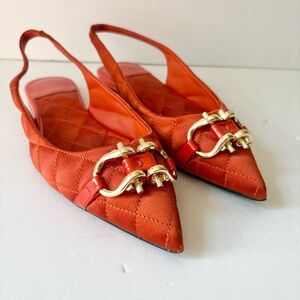 Jeffrey Campbell Red Orange Lenora Quilted Slingback Pointed Toe Flats Shoes